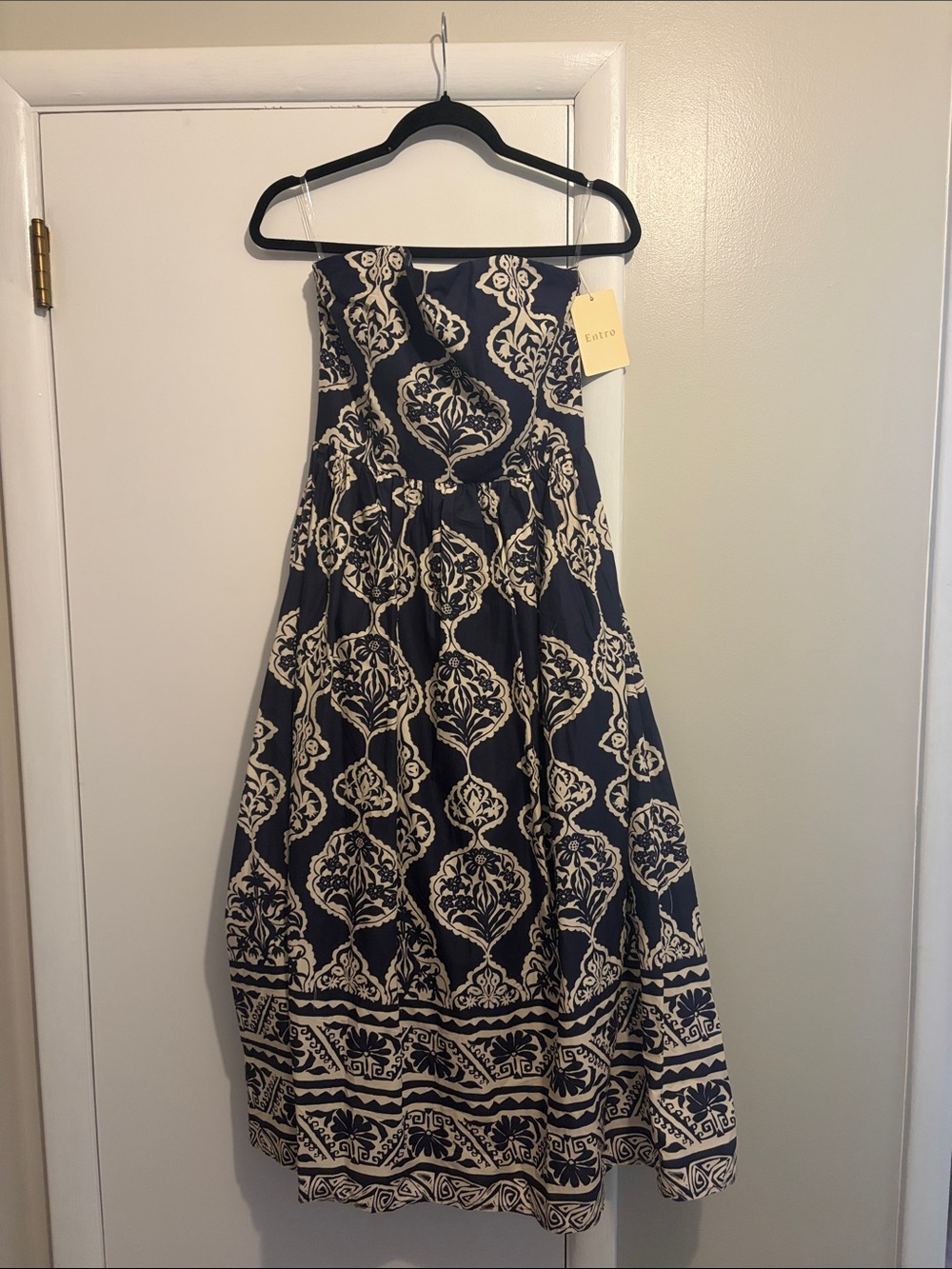entro Strapless Navy and Cream Printed Midi Dress